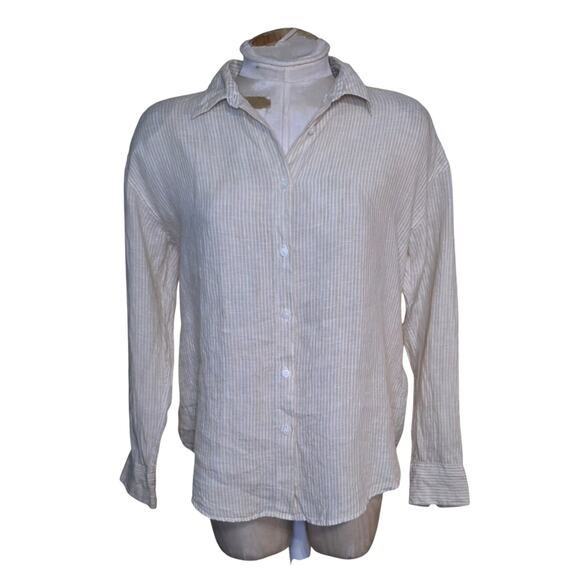 Uniqlo Womens Top Yellow Striped Linen Button Front Shirt Size Small Long Sleeve - Picture 1 of 6